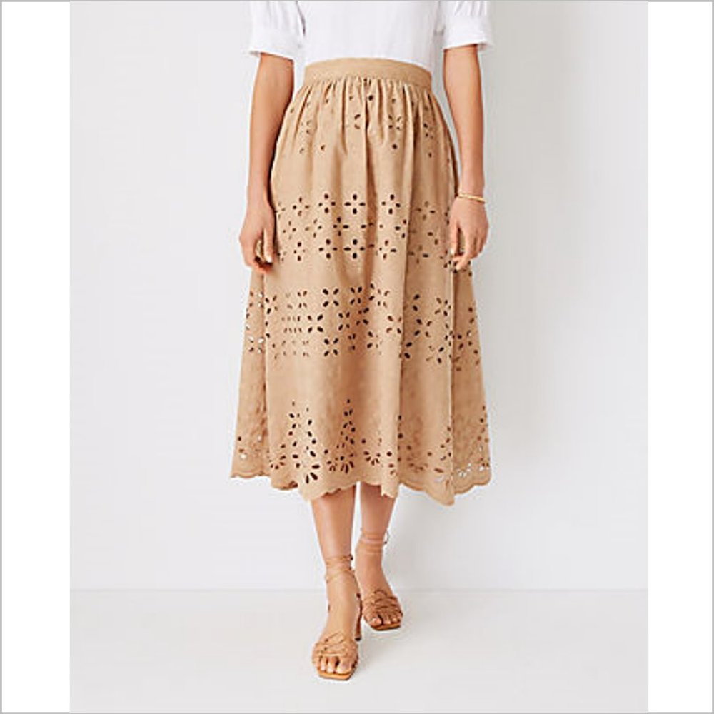 Eyelet Lace Midi Skirt in Camel